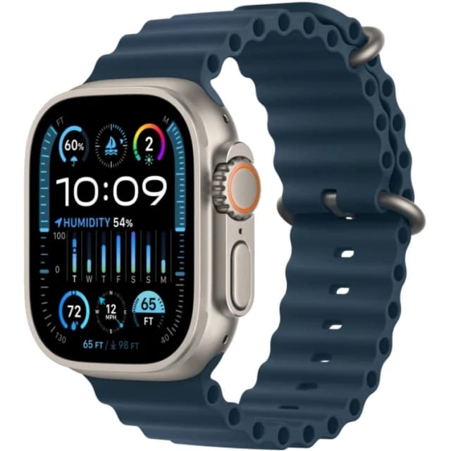 Apple Watch Ultra 2 GPS+Cellular 49mm, Natural Titanium, Navy Ocean Band, One Size 130–200mm (MX4D3)